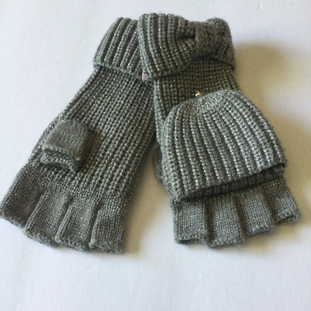 KATE SPADE METALLIC BOW POP TOP CONVERTIBLE MITTENS FINGERLESS GLOVES GRAY NWT